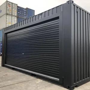 BLACK SHIPPING CONTAINER WITH ELECTRIFIED ROLL UP OPENING